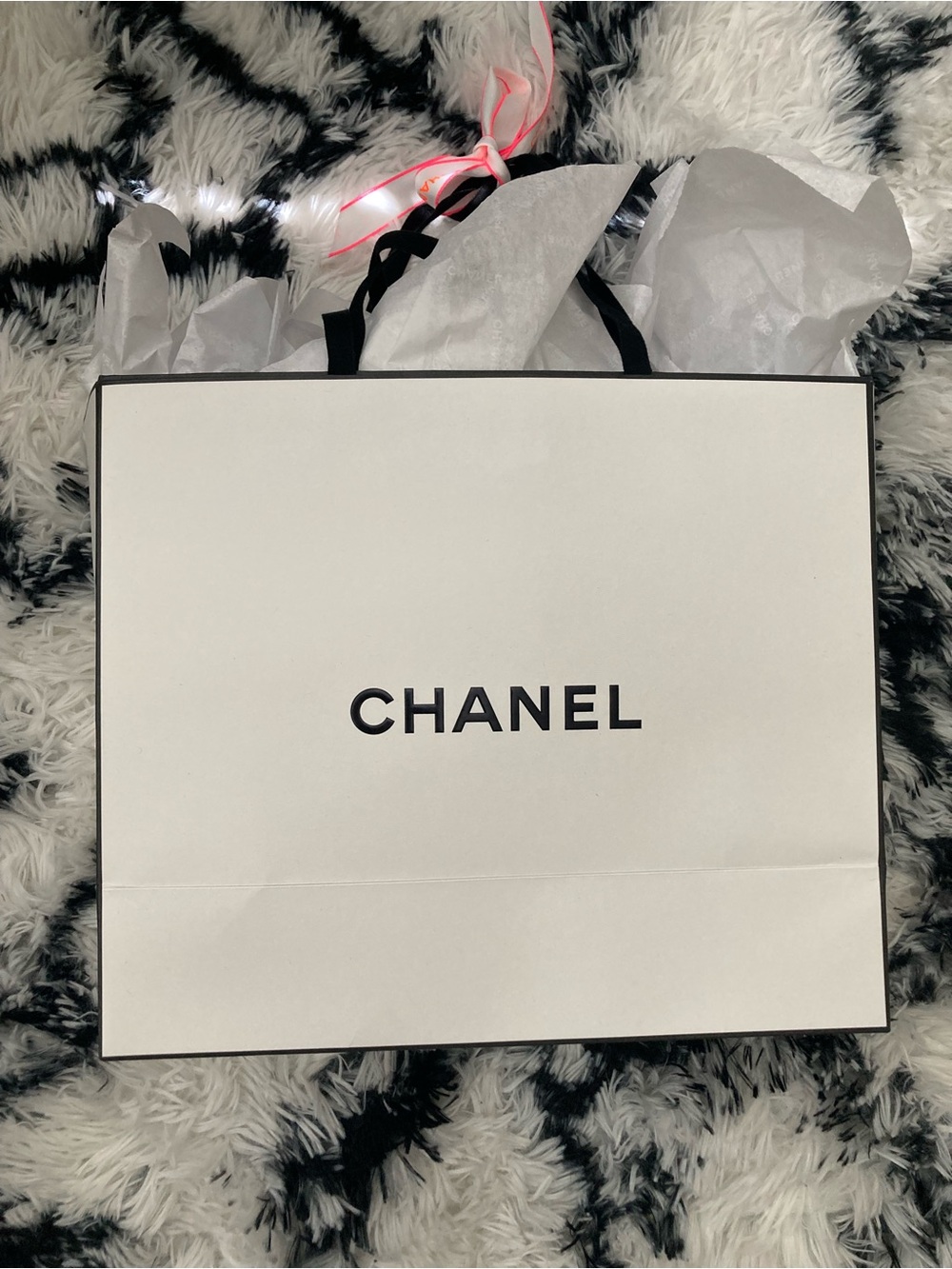 CHANEL White Paper Shopping Bag with Black Logo and Handles